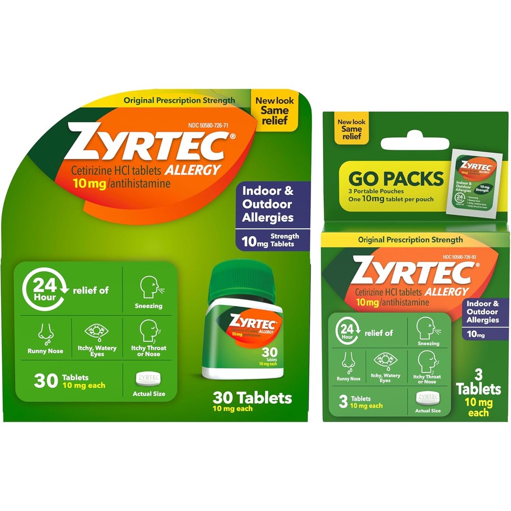 Zyrtec 24 Hour Allergy Relief Tablets front view of bottle and travel packs bundle pack