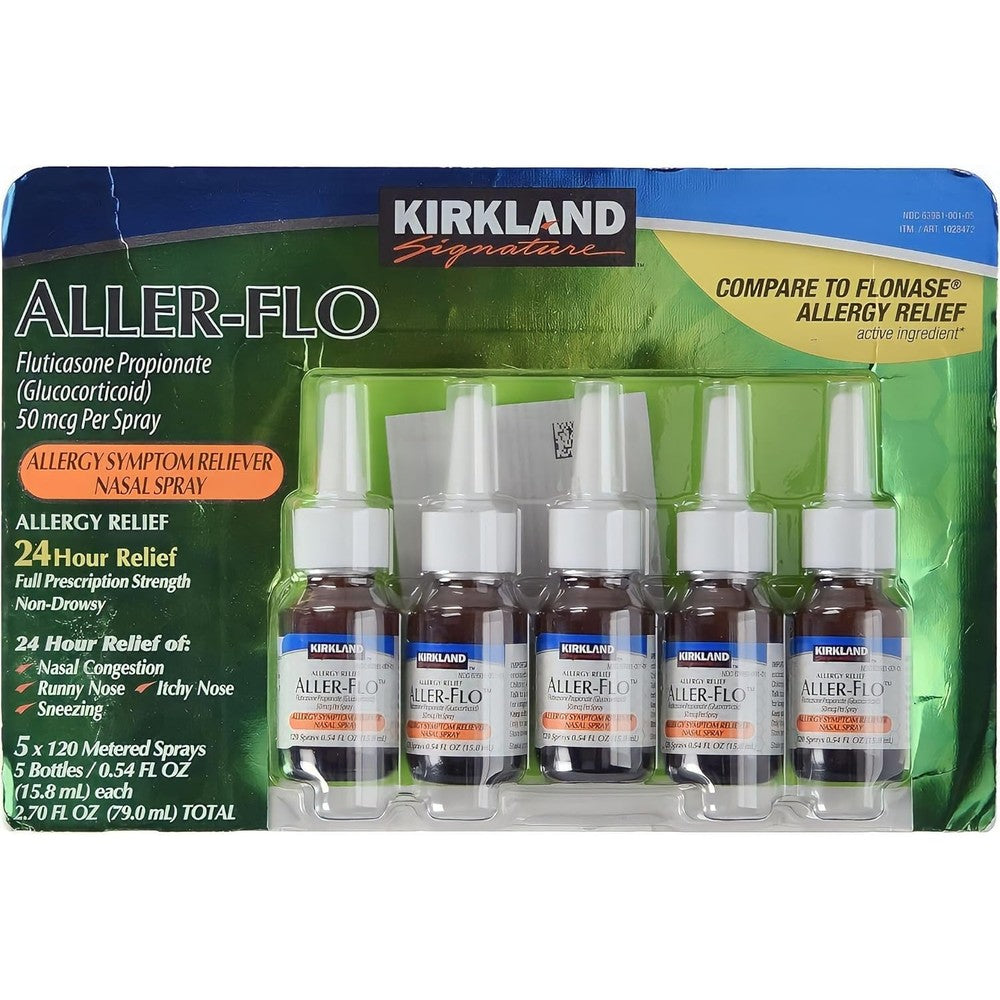 Kirkland Signature Aller-Flo Fluticasone Propionate nasal spray front view packaging for allergy symptom relief.