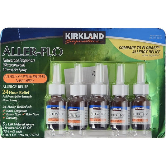 Kirkland Signature Aller-Flo Fluticasone Propionate nasal spray front view packaging for allergy symptom relief.