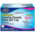 Ohm Children's Allergy Medicine front packaging showing bubblegum flavor details.