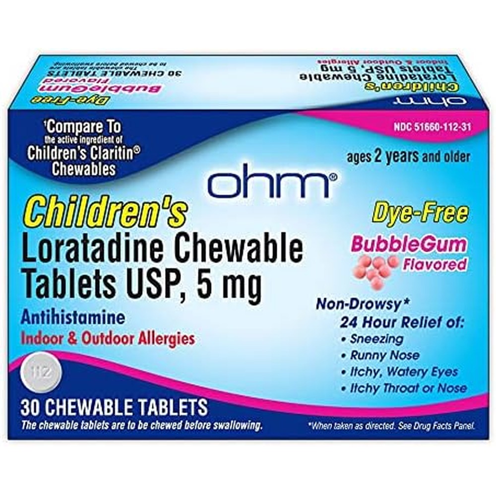 Ohm Children's Allergy Medicine front packaging showing bubblegum flavor details.