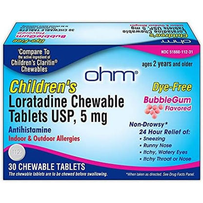 Ohm Children's Allergy Medicine front packaging showing bubblegum flavor details.