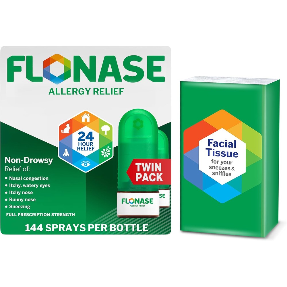 Flonase Allergy Relief Nasal Spray twin pack front view showing two 144 spray bottles