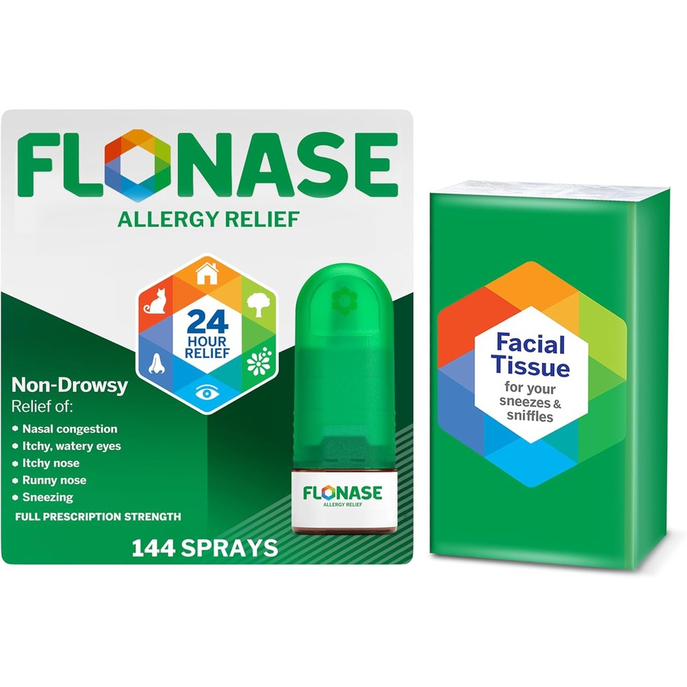 Flonase Allergy Relief Nasal Spray front view showing the 144 sprays bottle packaging