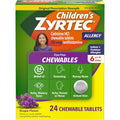 Zyrtec Childrens Dye Free Chewables front packaging showing grape flavor allergy relief tablets
