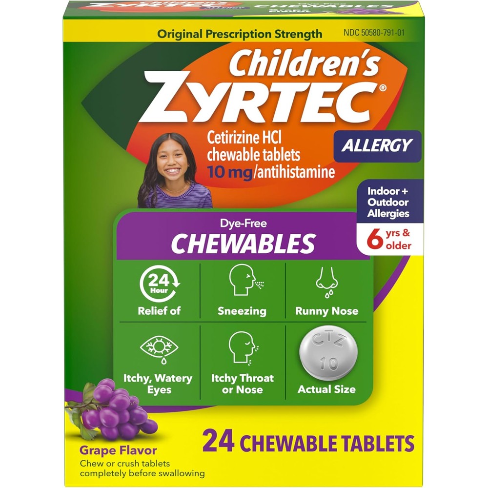 Zyrtec Childrens Dye Free Chewables front packaging showing grape flavor allergy relief tablets