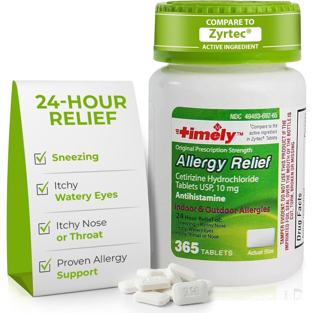 Time-Cap Labs Timely Cetirizine HCl 10 mg 365 tablets bottle front view allergy relief antihistamine