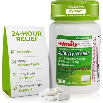 Time-Cap Labs Timely Cetirizine HCl 10 mg 365 tablets bottle front view allergy relief antihistamine