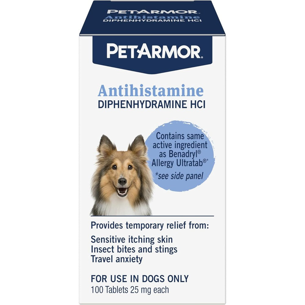 PetArmor Antihistamine Allergy Relief for Dogs 100 tablets front bottle view