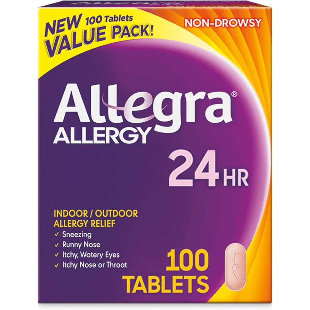 Allegra Adult 24 Hour Allergy Relief Tablets 100 count front packaging view