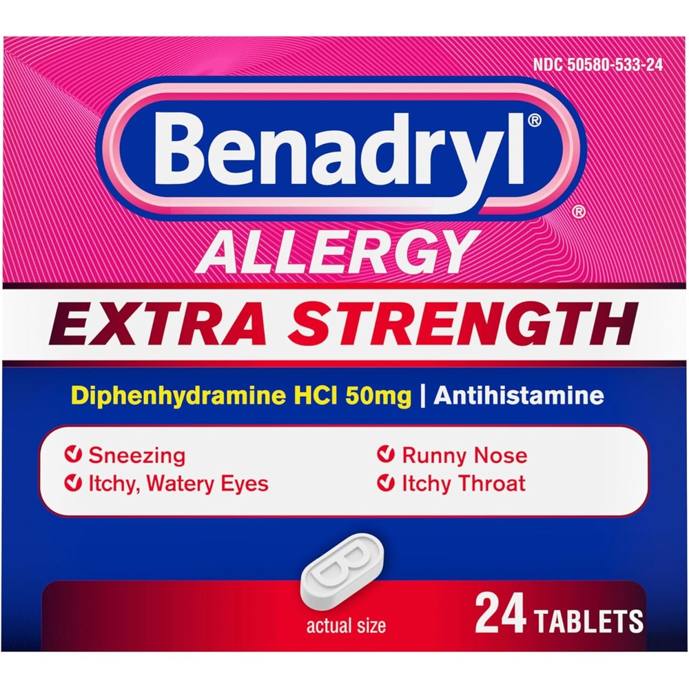Pasteur Pharmacy Benadryl Extra Strength 50 mg 24 tablets front box package for allergy symptom relief