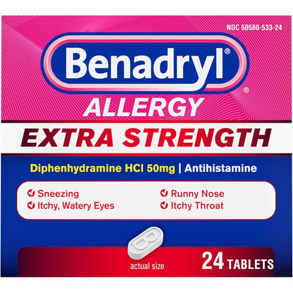 Pasteur Pharmacy Benadryl Extra Strength 50 mg 24 tablets front box package for allergy symptom relief