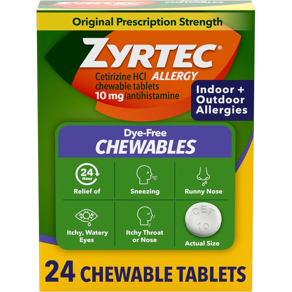 Zyrtec 24 Hour Allergy Relief Chewable Tablets front packaging view