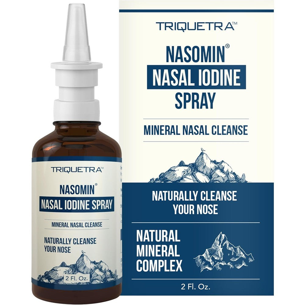 Triquetra Health Nasomin Iodine Nasal Spray front view of two ounce bottle for natural nasal cleansing.