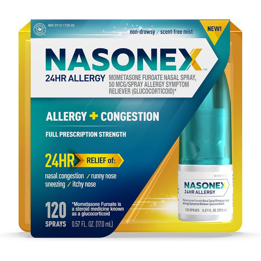Nasonex 24HR Allergy Nasal Spray front packaging view showing non drowsy formula