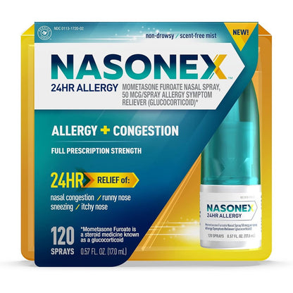 Nasonex 24HR Allergy Nasal Spray front packaging view showing non drowsy formula