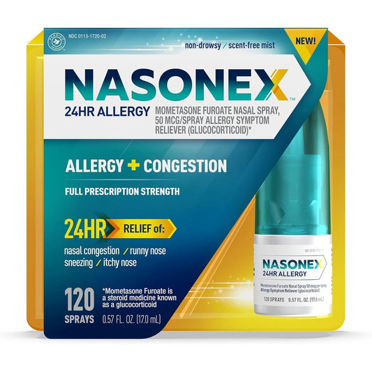 Nasonex 24HR Allergy Nasal Spray front packaging view showing non drowsy formula