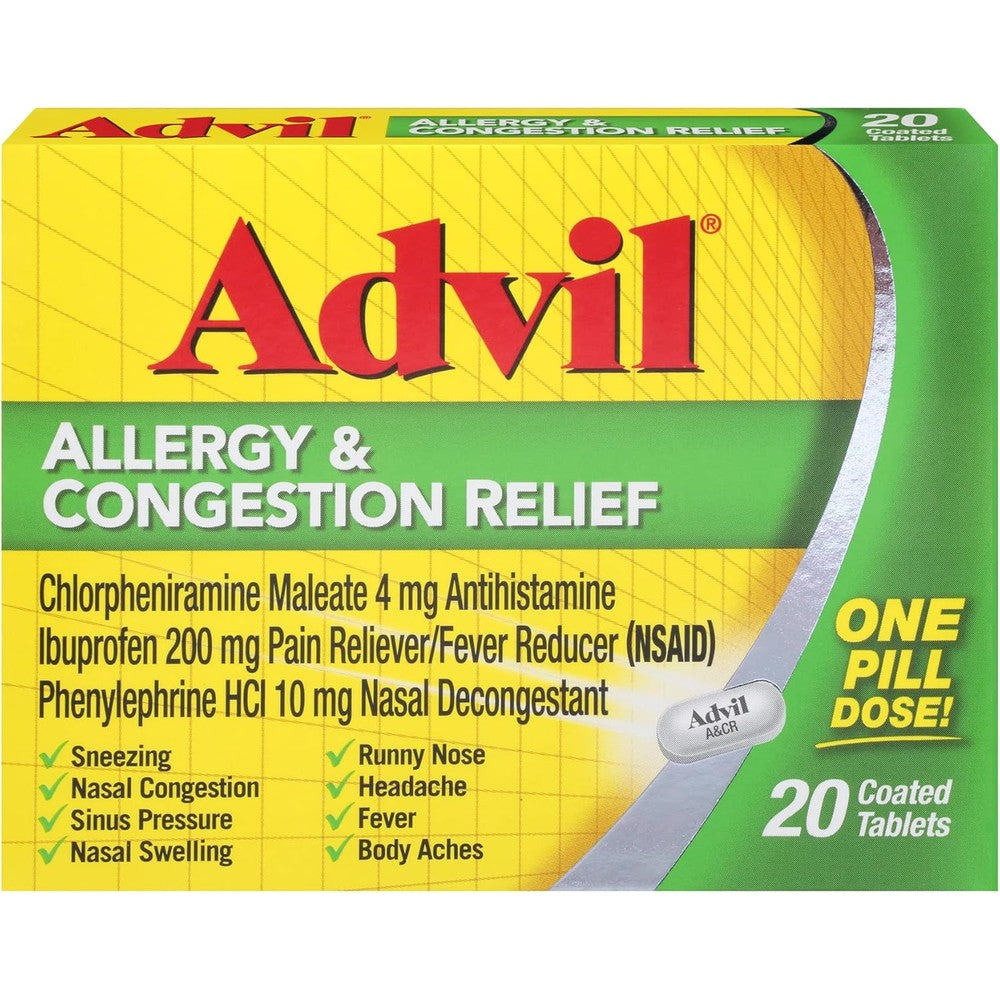 Advil Allergy and Congestion Relief Tablets front box view imported multi symptom relief