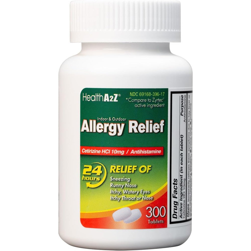 HealthA2Z Allergy Relief Cetirizine 10mg front bottle view for 24 hour symptom relief