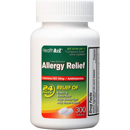 HealthA2Z Allergy Relief Cetirizine 10mg front bottle view for 24 hour symptom relief