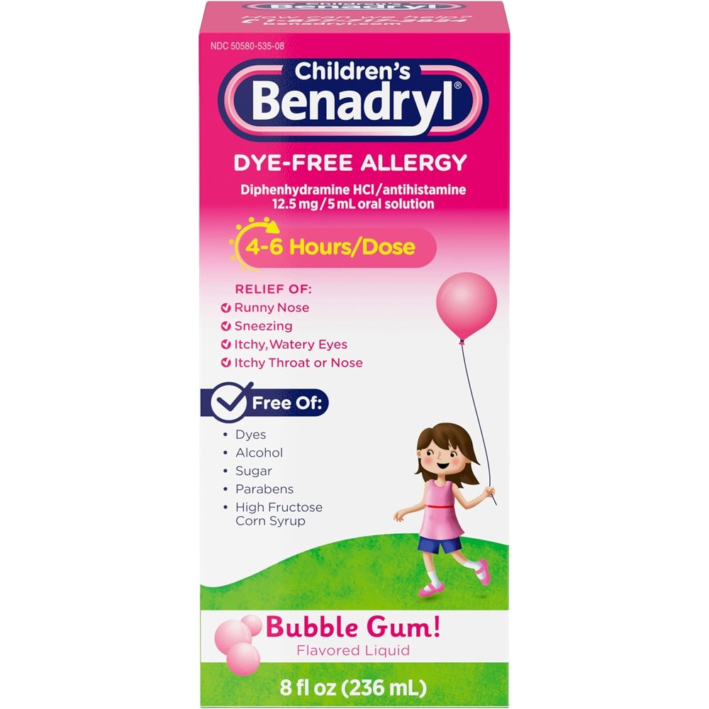 Benadryl Childrens Dye Free Allergy Relief Liquid 8 Fluid Ounce front view bottle packaging for kids
