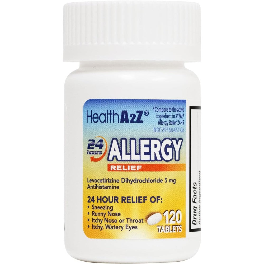 HealthA2Z Allergy Relief bottle front view showing 120 tablets count for twenty four hour symptom control.