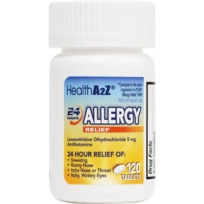 HealthA2Z Allergy Relief bottle front view showing 120 tablets count for twenty four hour symptom control.
