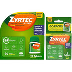 Zyrtec 24 Hour Allergy Relief Tablets front packaging view showing ninety count bottle and three travel packs