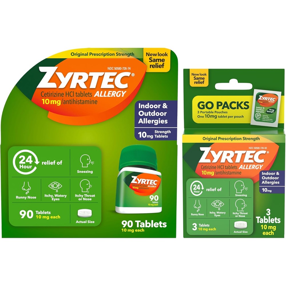 Zyrtec 24 Hour Allergy Relief Tablets front packaging view showing ninety count bottle and three travel packs