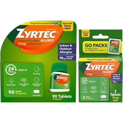 Zyrtec 24 Hour Allergy Relief Tablets front packaging view showing ninety count bottle and three travel packs