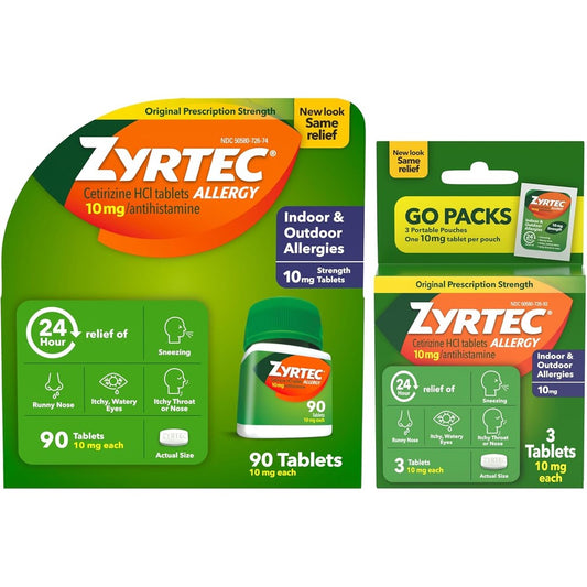 Zyrtec 24 Hour Allergy Relief Tablets front packaging view showing ninety count bottle and three travel packs