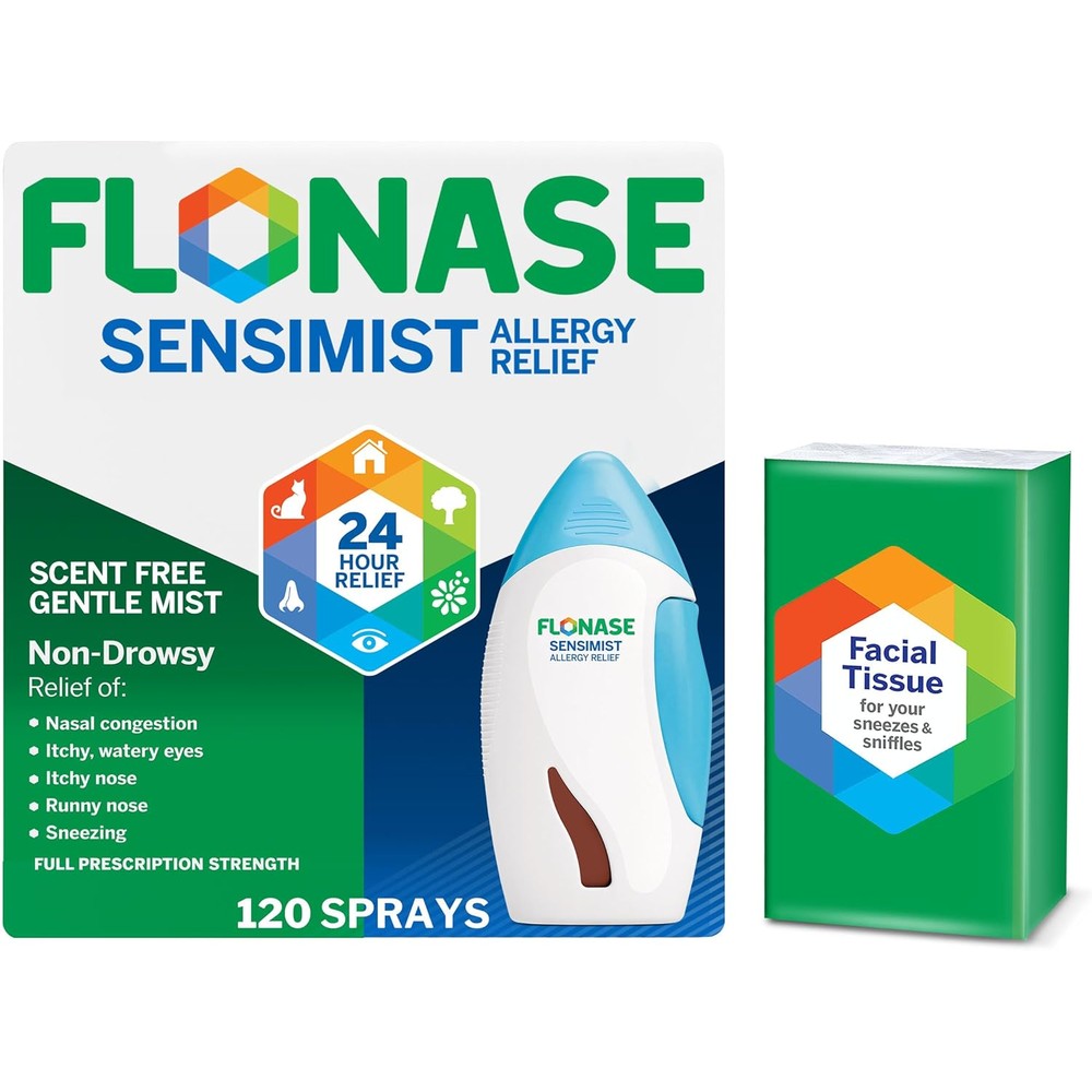 Flonase Sensimist Allergy Relief Nasal Spray front view showing the product packaging and bonus tissues.