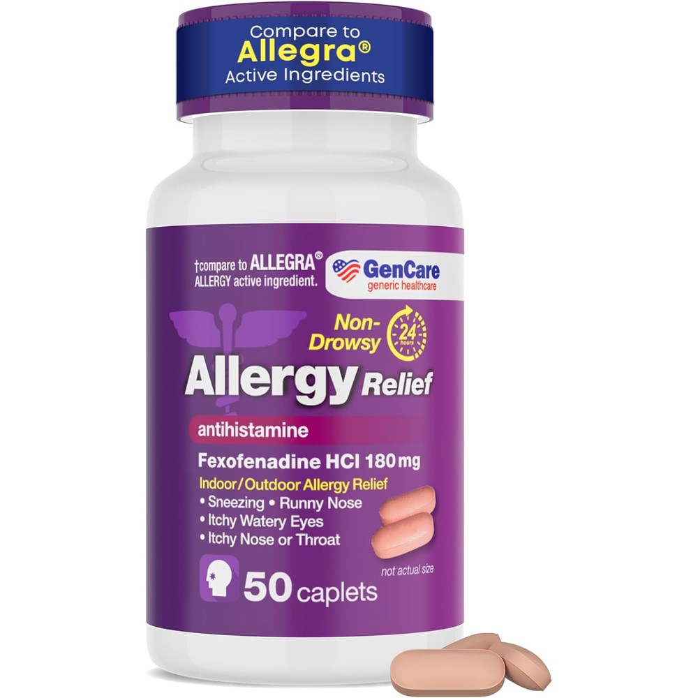 GenCare Allergy Relief Pills front view bottle packaging showing 50 tablets non drowsy antihistamine.