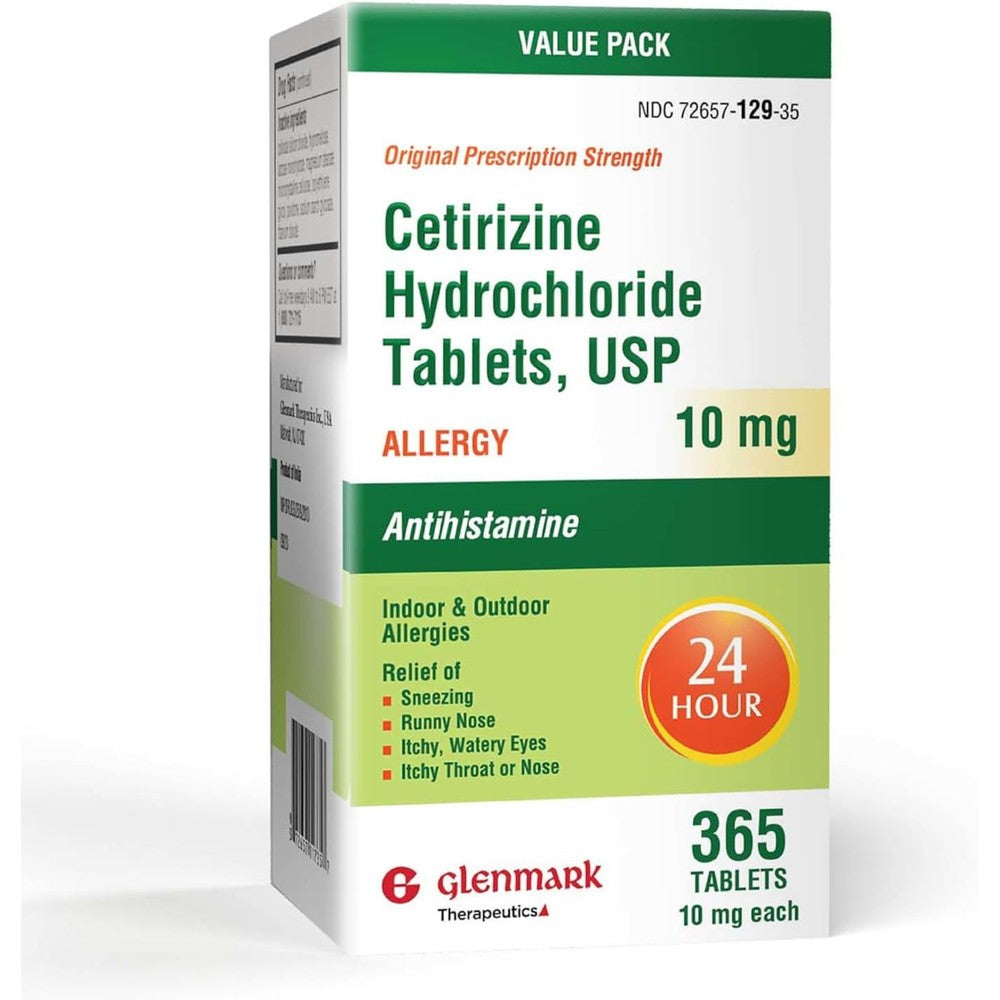 Glenmark Therapeutics 24 Hour Allergy Medicine front view bottle showing 365 tablets supply