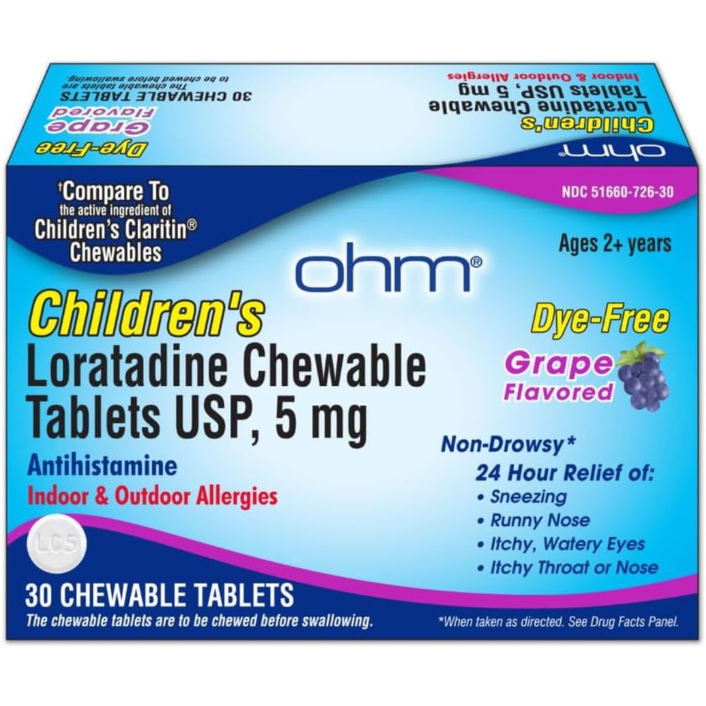 Ohm Children's Allergy Medicine front view of thirty count grape flavored package for kids indoor and outdoor allergy relief