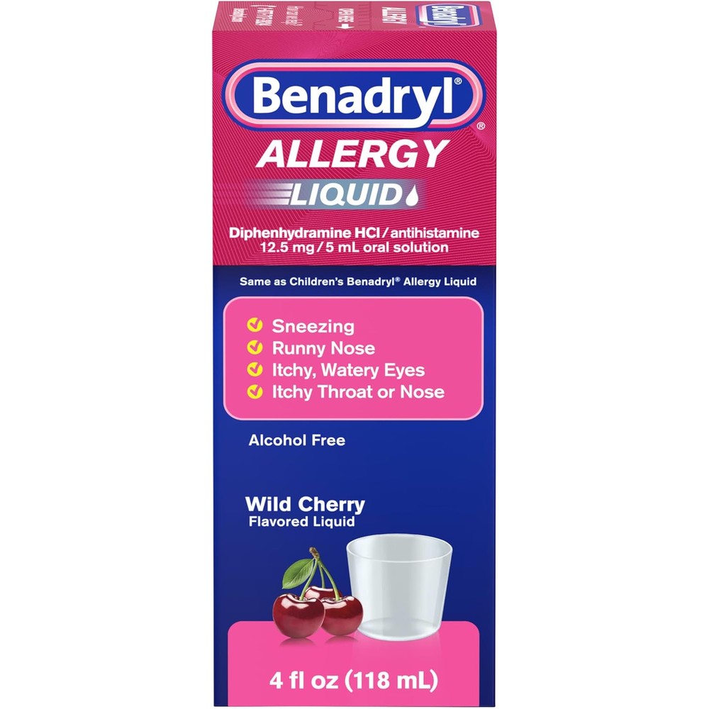 Benadryl Allergy Medicine Liquid Diphenhydramine Hydrochloride front bottle view