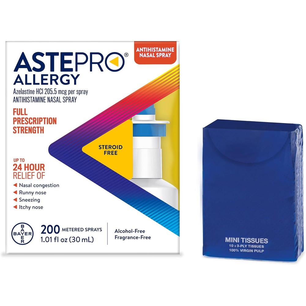 Astepro Allergy Antihistamine Nasal Spray front view showing the 200 metered sprays packaging and accompanying mini tissue pack for allergy relief.