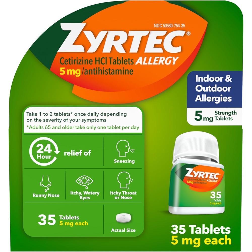Zyrtec 24 Hour Allergy Relief Tablets front packaging showing 5 mg strength for indoor and outdoor allergy medicine.