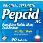 Pepcid AC Original Strength heartburn relief tablets front packaging