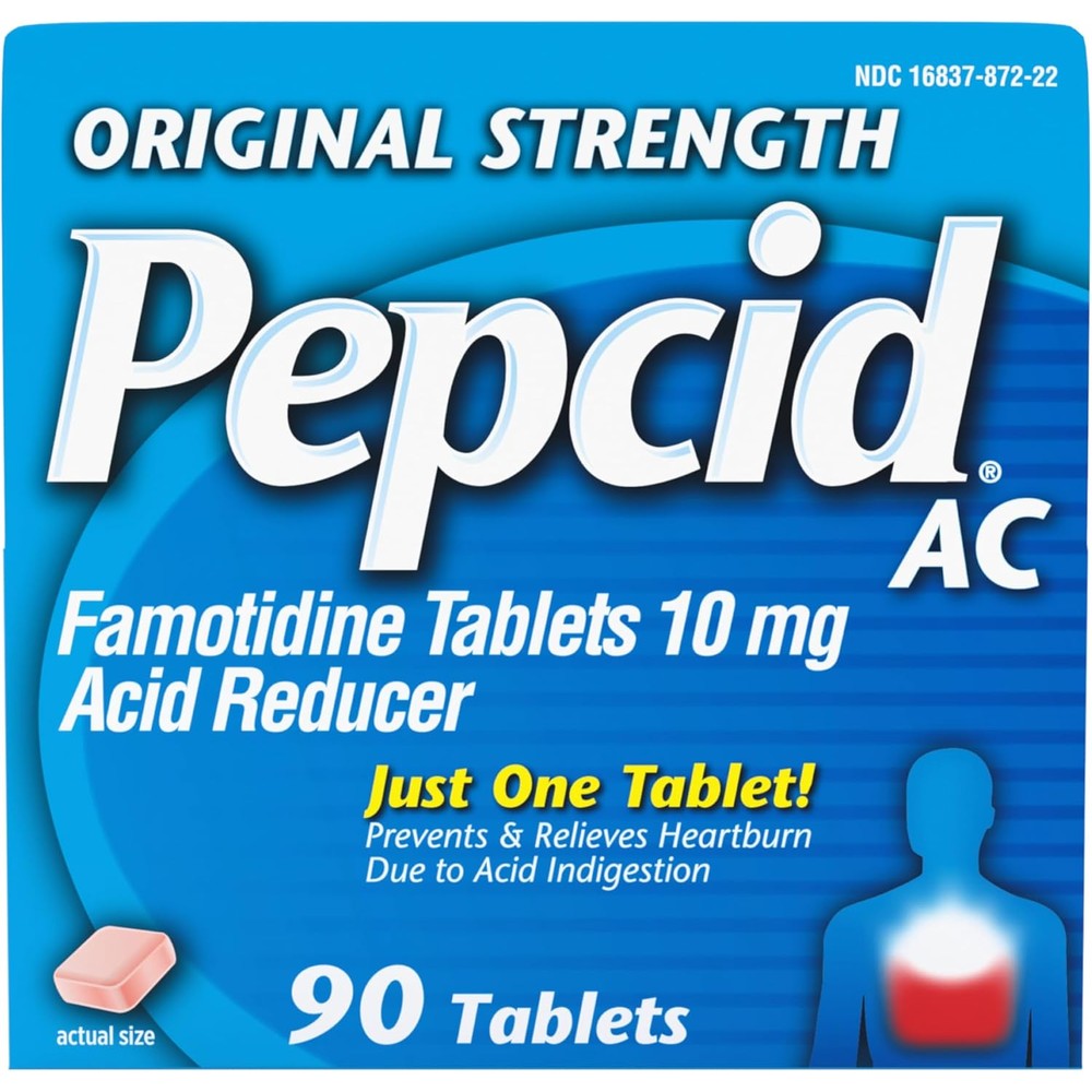 Pepcid AC Original Strength heartburn relief tablets front packaging