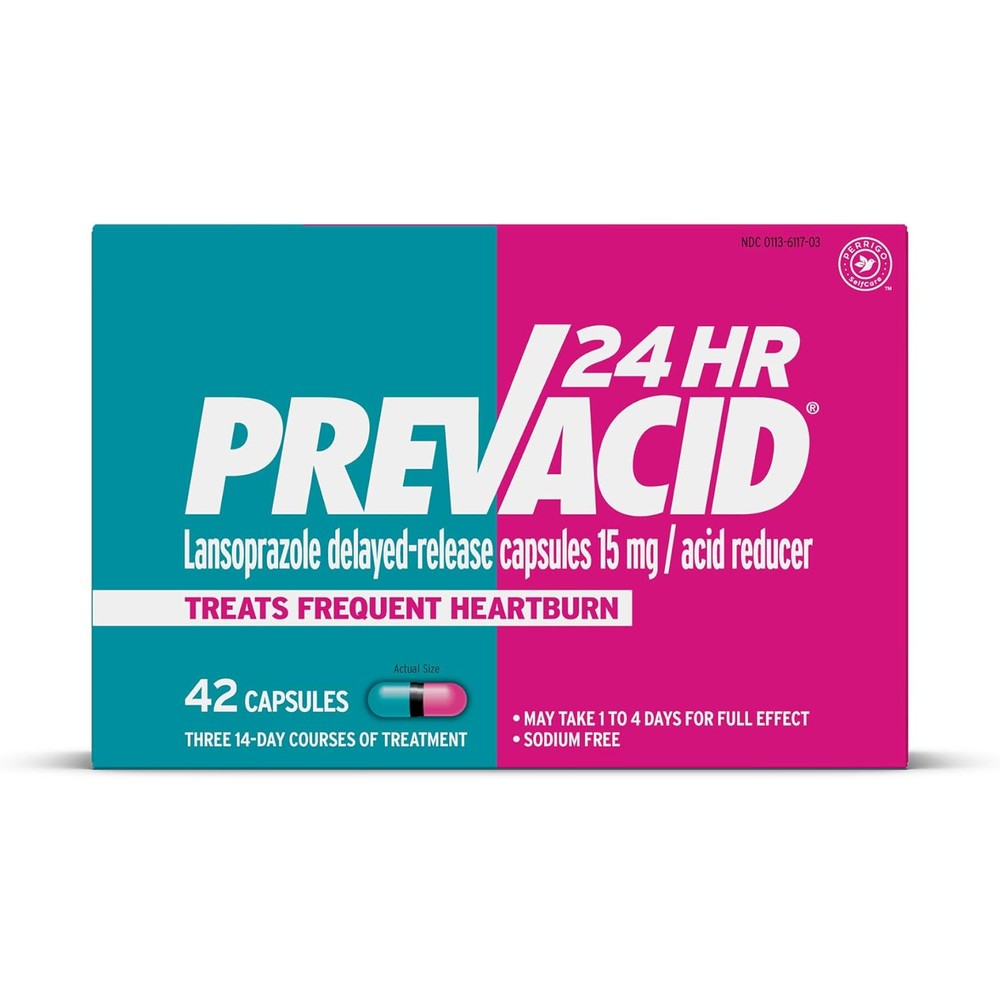 Prevacid 24HR Lansoprazole 15mg capsules front packaging view