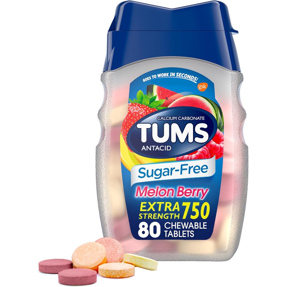 Tums Extra Strength Sugar Free Melon Berry Antacid bottle front view