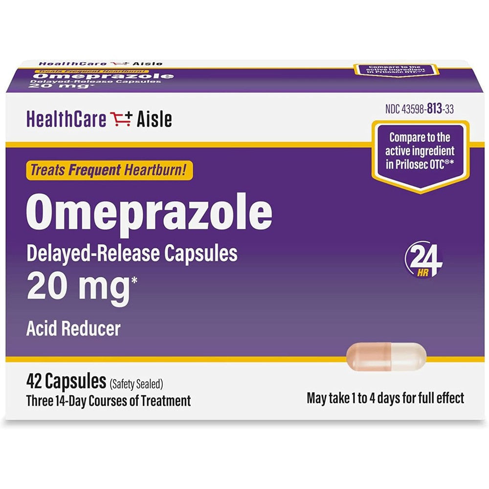 HealthCareAisle Omeprazole 20 milligram capsules front packaging