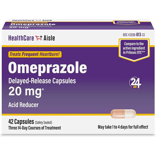 HealthCareAisle Omeprazole 20 milligram capsules front packaging