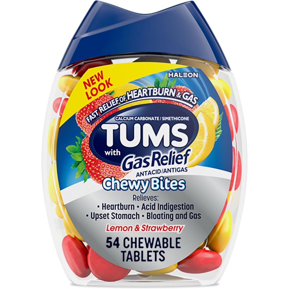 Tums Chewy Bites Lemon and Strawberry front view bottle