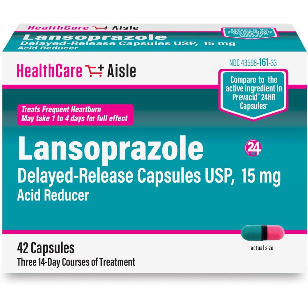 HealthCareAisle Lansoprazole 15 mg delayed release capsules front bottle view