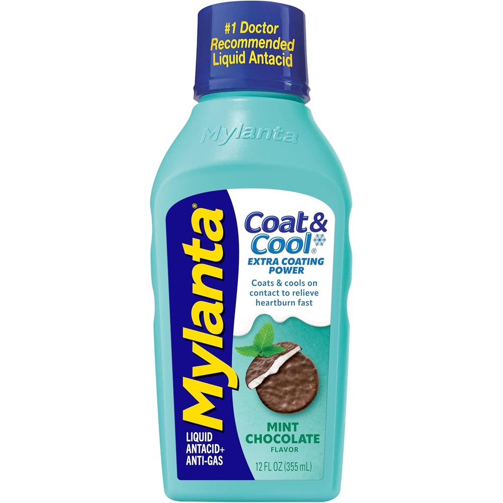 Mylanta Coat and Cool Liquid Antacid Mint Chocolate 12 Fluid Ounces front view
