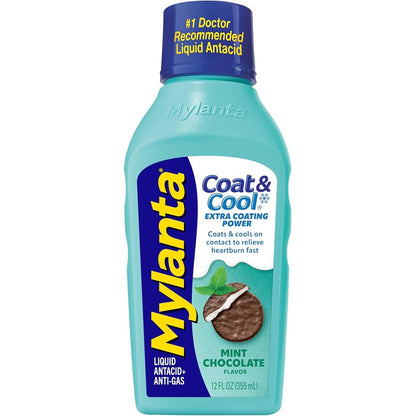 Mylanta Coat and Cool Liquid Antacid Mint Chocolate 12 Fluid Ounces front view