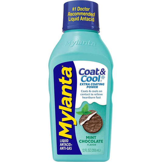 Mylanta Coat and Cool Liquid Antacid Mint Chocolate 12 Fluid Ounces front view