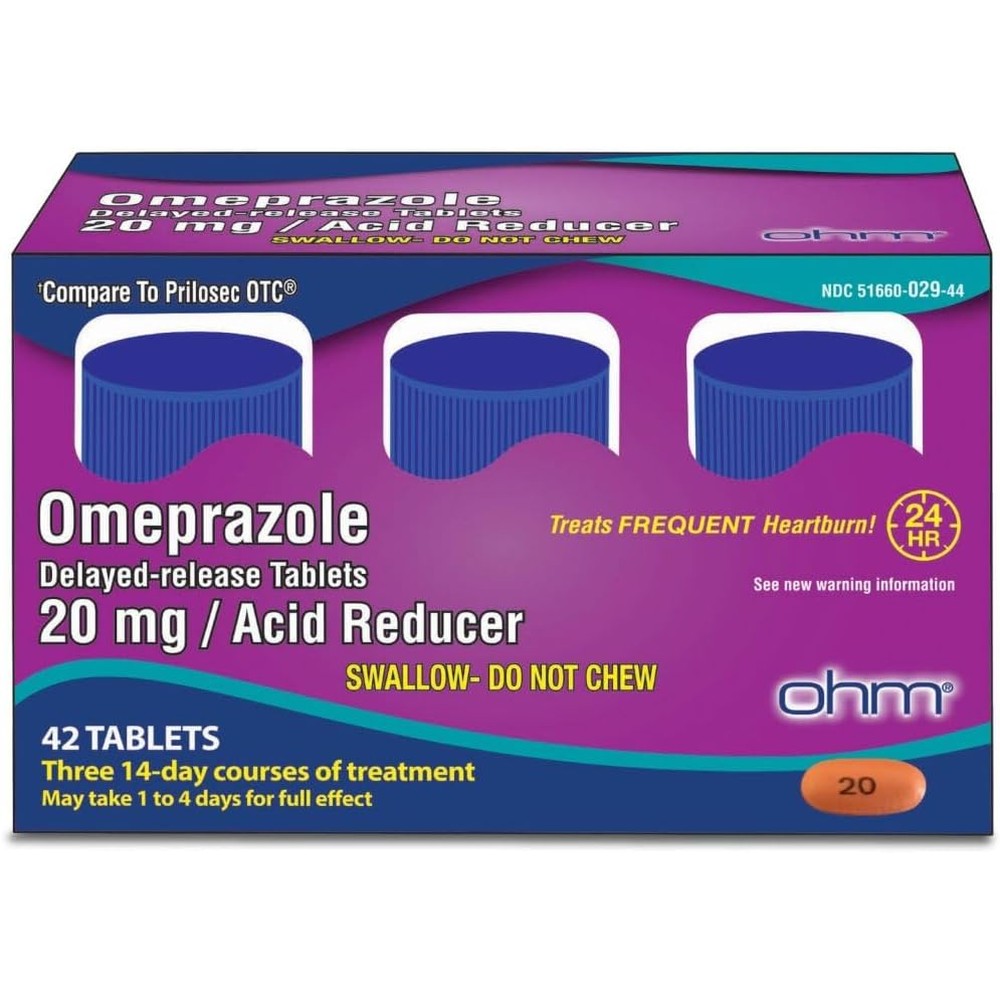 Ohm Omeprazole 20mg 42 count acid reducer front box view